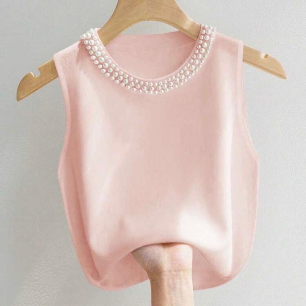 Sleeveless Pearl-Embellished Baby Pink Top